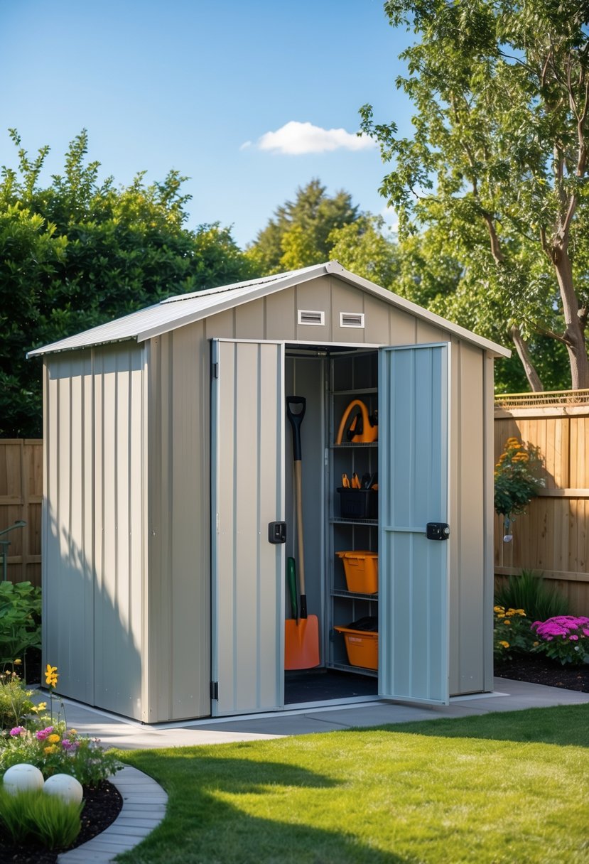 A metal garden shed in a backyard with green grass, flower beds, and a wooden fence under a clear sky.