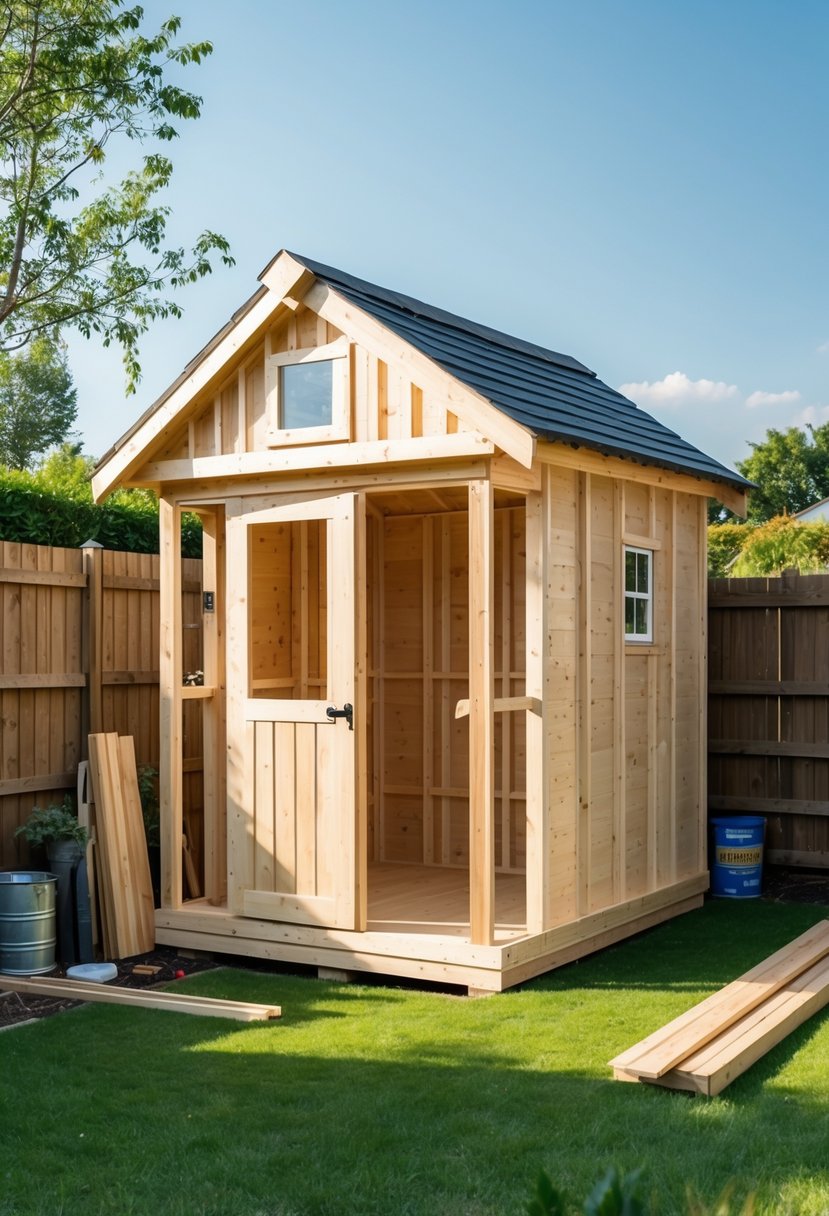A small wooden frame shed in a backyard with green grass, garden tools nearby, and trees in the background.