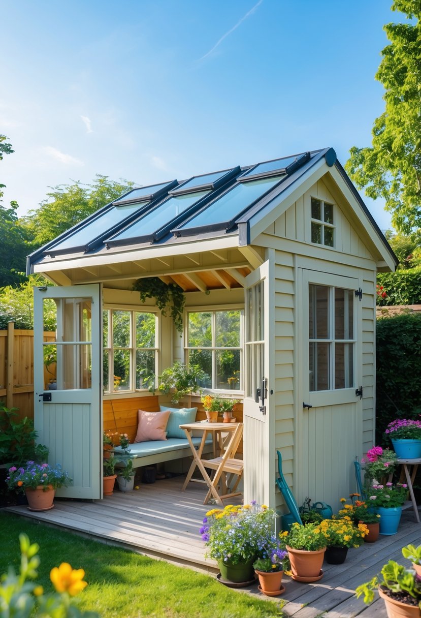 A backyard she shed with skylights surrounded by plants and outdoor furniture on a sunny day.