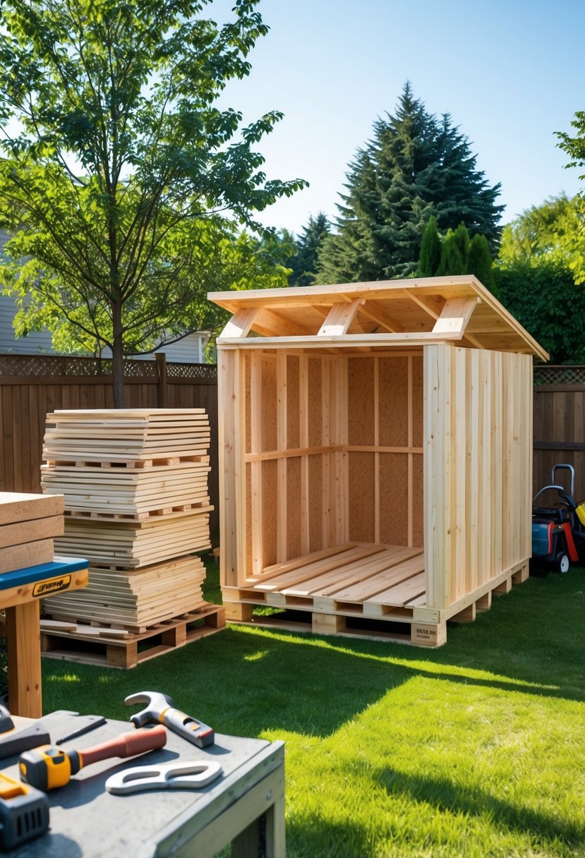 A backyard with stacks of pre-cut lumber and a partially built wooden shed surrounded by tools and green grass.