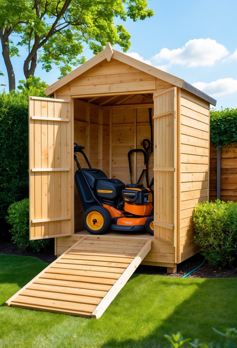 A wooden backyard shed with a ramp leading to an open door, surrounded by grass and shrubs under a clear blue sky.