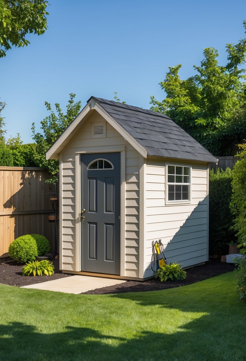 Small wooden gable roof shed in a backyard with green grass and plants under clear blue sky.