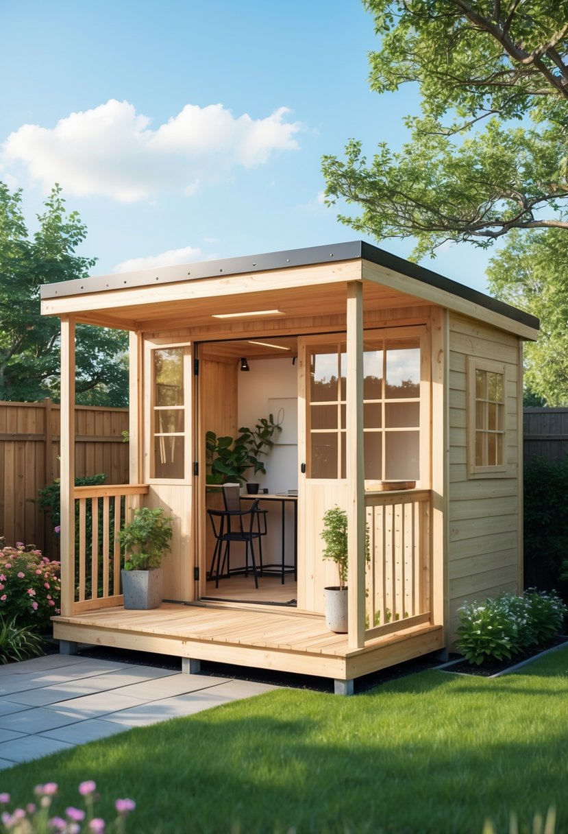 A small wooden backyard shed with large windows and a porch, surrounded by grass, flowers, and trees under a clear sky.