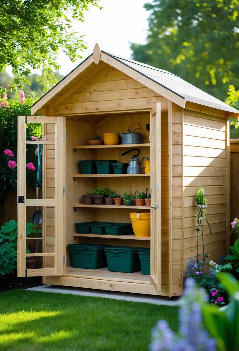 A small backyard shed with built-in shelves holding gardening tools and supplies, surrounded by grass and plants.