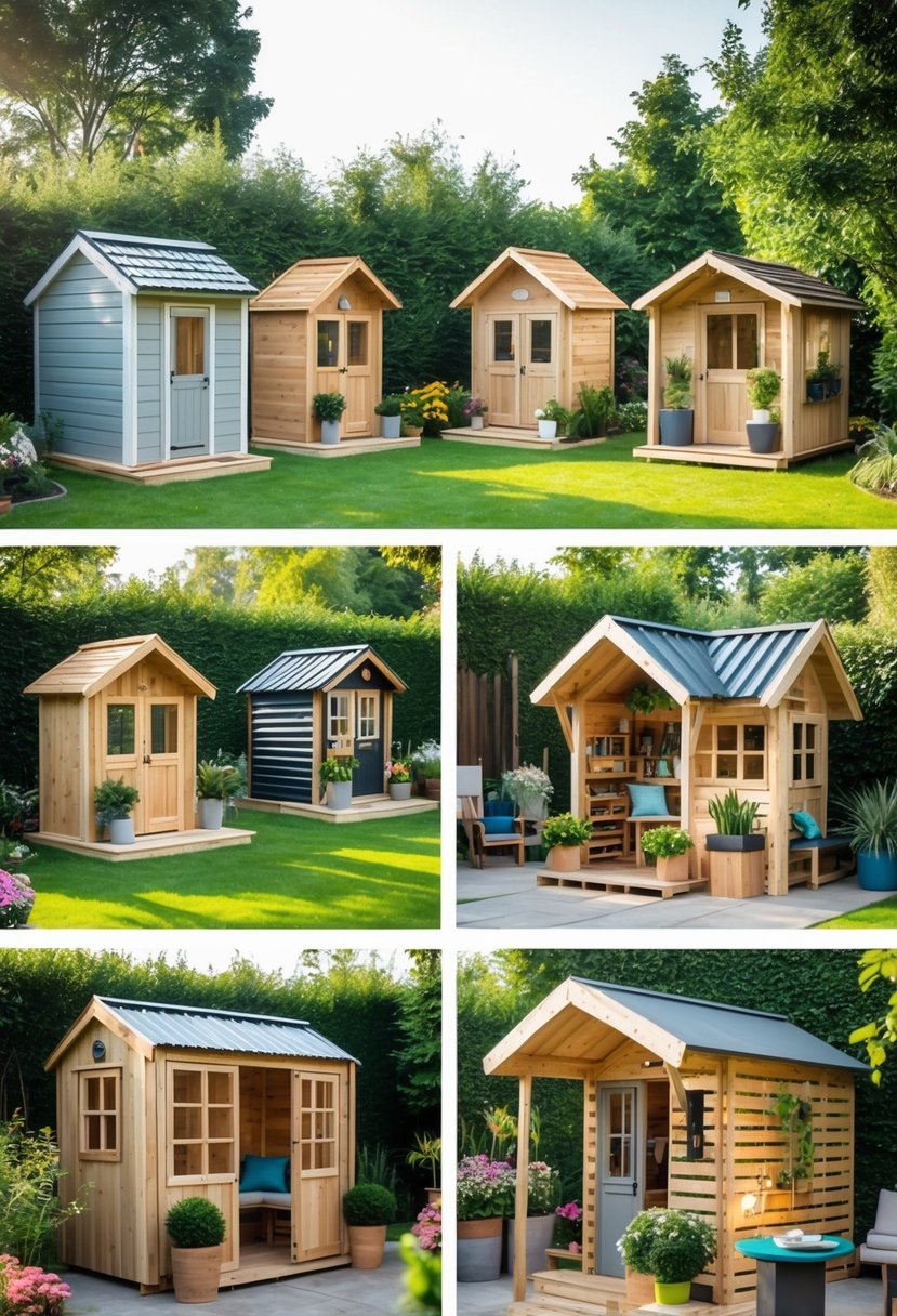 A backyard with several small DIY sheds made from various materials surrounded by grass, flowers, and garden tools.
