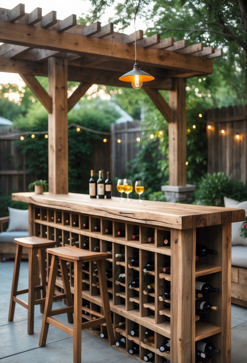 10 Backyard Bar Ideas for Creating the Perfect Outdoor Entertaining Space 2 A backyard bar made of reclaimed wood with built-in wine racks filled with wine bottles, surrounded by outdoor seating and greenery.