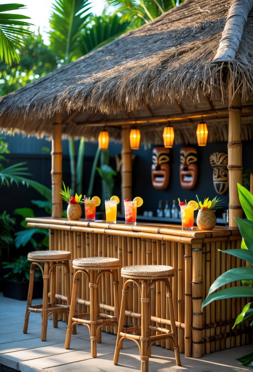 10 Backyard Bar Ideas for Creating the Perfect Outdoor Entertaining Space 3 A backyard tiki bar with bamboo accents, a thatched roof, tropical plants, and colorful drinks on the bar counter.
