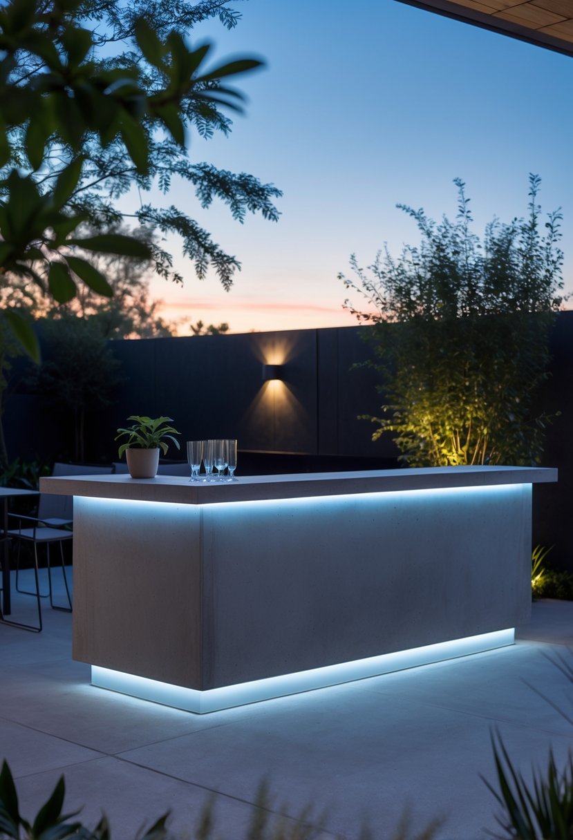 10 Backyard Bar Ideas for Creating the Perfect Outdoor Entertaining Space 4 A concrete backyard bar with LED lighting surrounded by outdoor furniture and greenery in an evening setting.