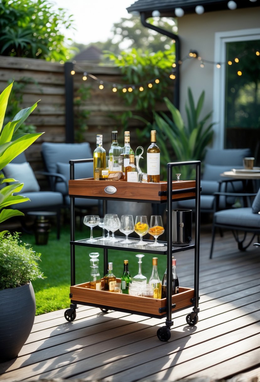 10 Backyard Bar Ideas for Creating the Perfect Outdoor Entertaining Space 5 A portable foldable bar cart with storage and wheels set up in a backyard with plants and outdoor furniture.
