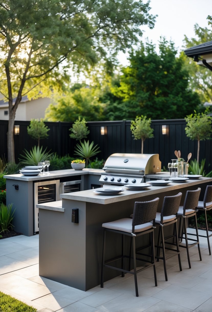 10 Backyard Bar Ideas for Creating the Perfect Outdoor Entertaining Space 6 Outdoor built-in BBQ island with bar seating for ten people in a backyard with greenery.