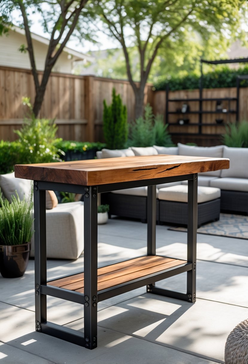 10 Backyard Bar Ideas for Creating the Perfect Outdoor Entertaining Space 8 Outdoor backyard bar with a metal frame and wooden countertop surrounded by plants and patio furniture.