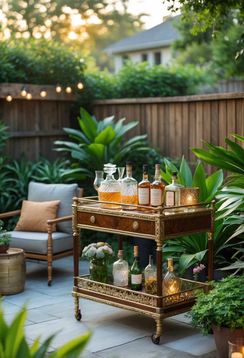 10 Backyard Bar Ideas for Creating the Perfect Outdoor Entertaining Space 9 A vintage bar cart with brass details set up in a backyard surrounded by plants and outdoor seating.