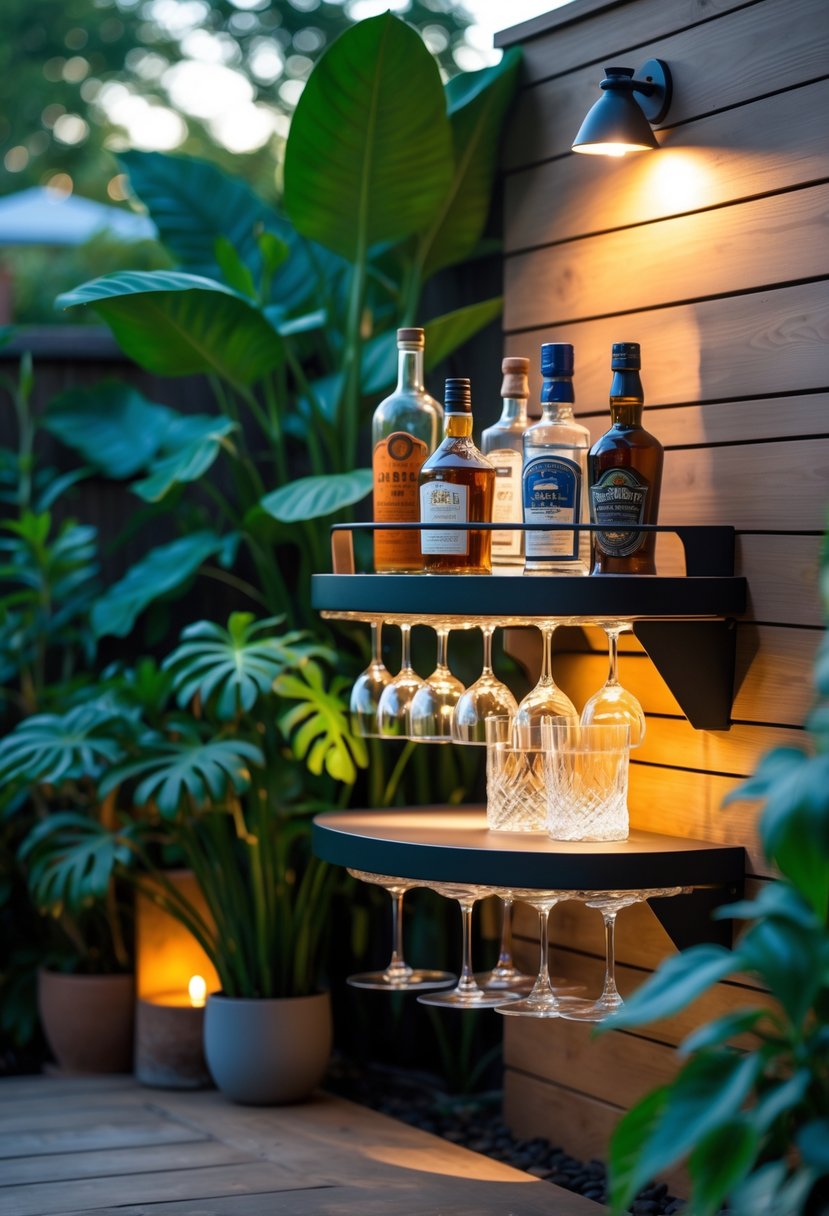 10 Backyard Bar Ideas for Creating the Perfect Outdoor Entertaining Space 10 A compact corner bar shelf with glass holders mounted outdoors in a backyard, displaying bottles and bar tools surrounded by plants.