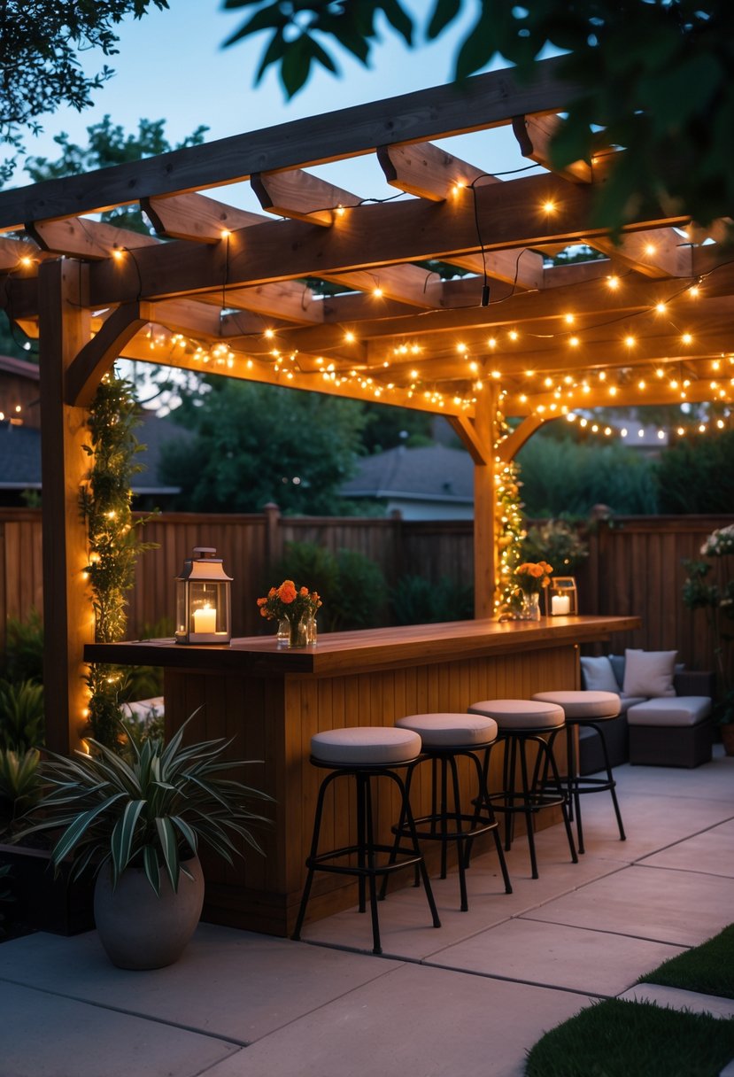 10 Backyard Bar Ideas for Creating the Perfect Outdoor Entertaining Space 11 Outdoor backyard bar under a wooden pergola with string lights and bar stools.