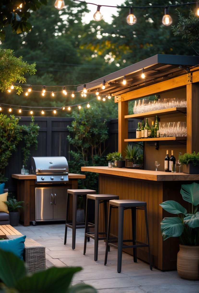 10 Backyard Bar Ideas for Creating the Perfect Outdoor Entertaining Space 12 A backyard bar area with a wooden counter, bar stools, string lights, plants, and seating surrounded by greenery.