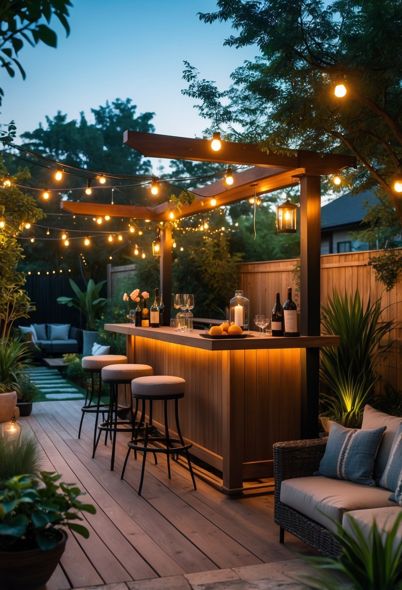 10 Backyard Bar Ideas for Creating the Perfect Outdoor Entertaining Space 13 A backyard bar area with wooden counter, bar stools, string lights, plants, and cozy seating surrounded by a garden.