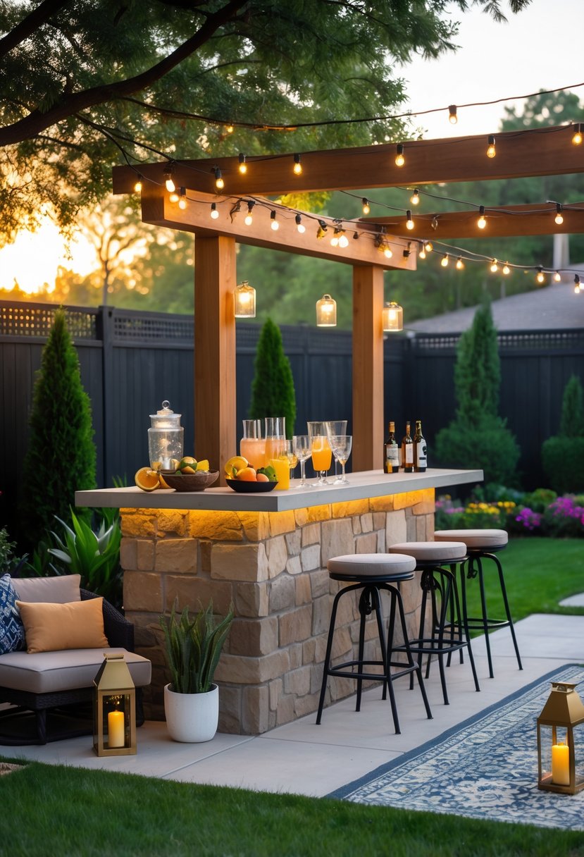 10 Backyard Bar Ideas for Creating the Perfect Outdoor Entertaining Space 14 Backyard outdoor bar area with wooden bar, stools, string lights, plants, and garden in the background.