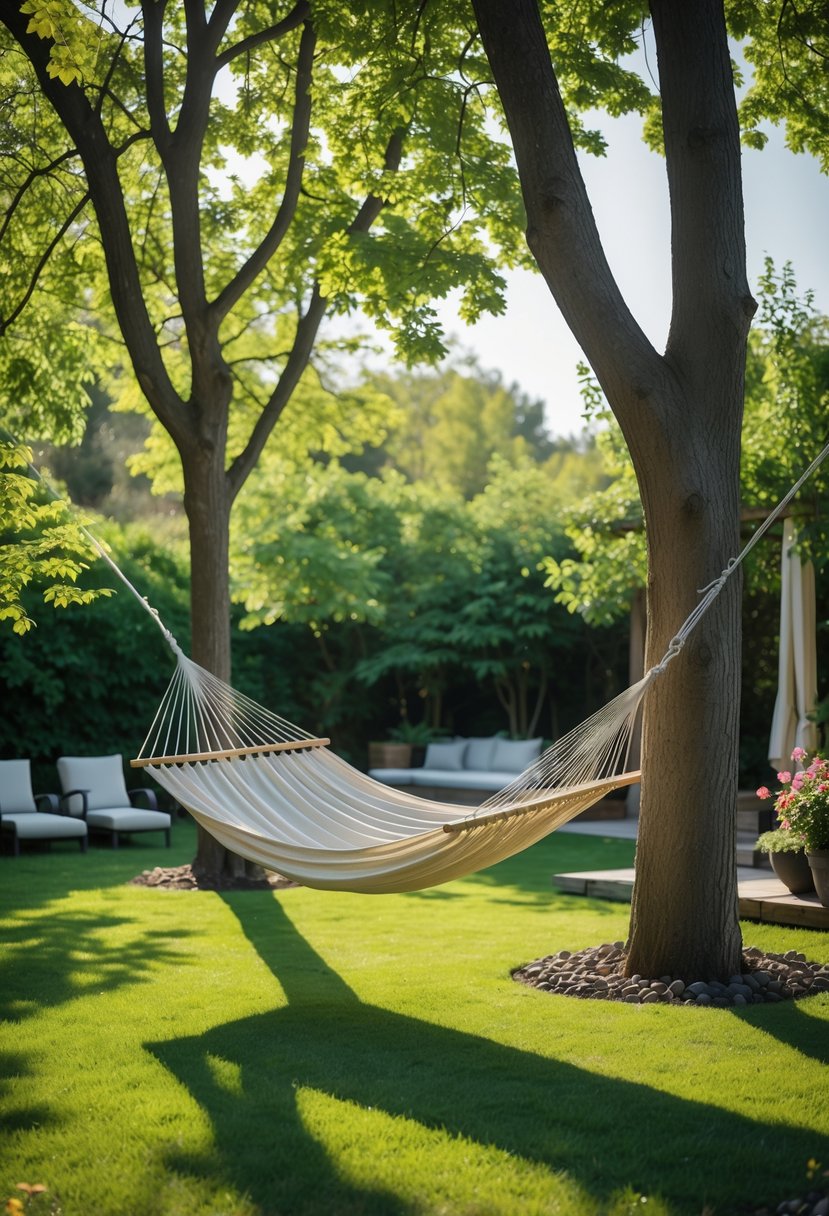 A hammock hanging between two trees in a green backyard with grass and leafy trees.