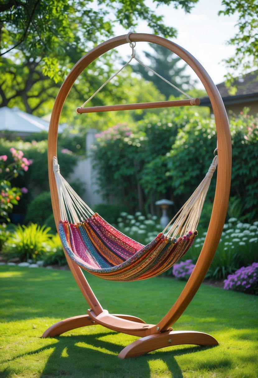 A wooden hammock stand holding a colorful hammock in a green backyard with plants and trees.