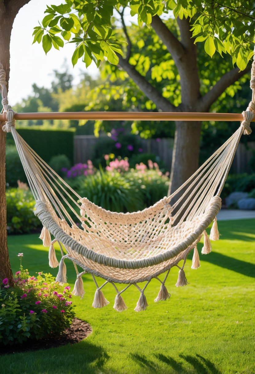 A rope hammock with wooden spreader bars hanging between two trees in a green backyard with grass and plants.