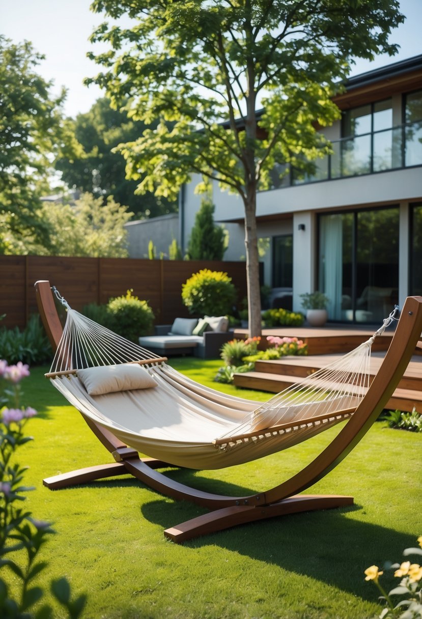 A double hammock for two people hanging in a backyard with green grass, trees, and a house in the background.