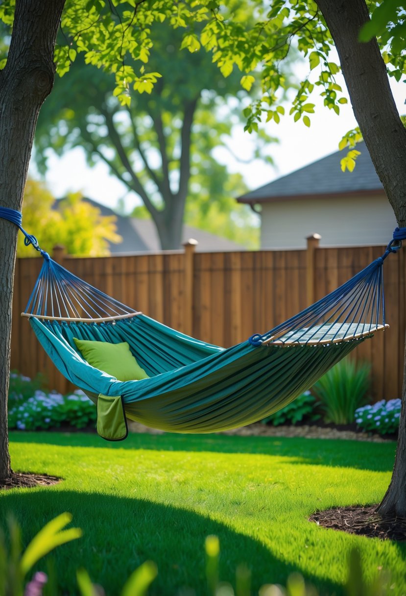 A portable camping hammock hanging between two trees in a green backyard with grass and plants.