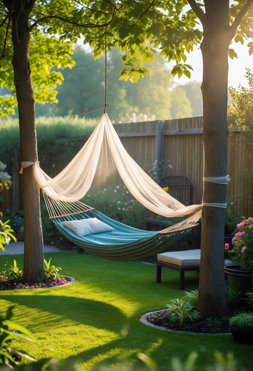 A hammock with mosquito netting hanging between two trees in a green backyard garden.