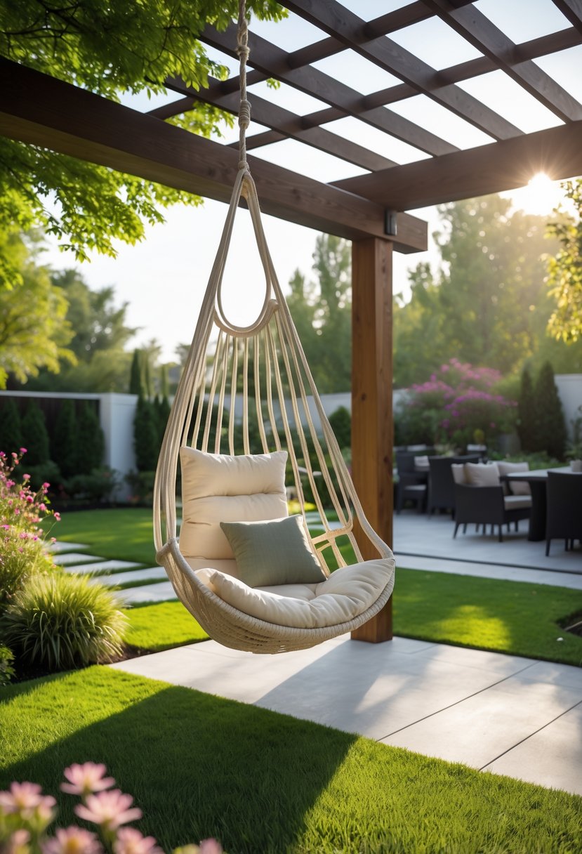 A backyard with a suspended hammock chair hanging from a wooden pergola surrounded by green grass, plants, and trees.