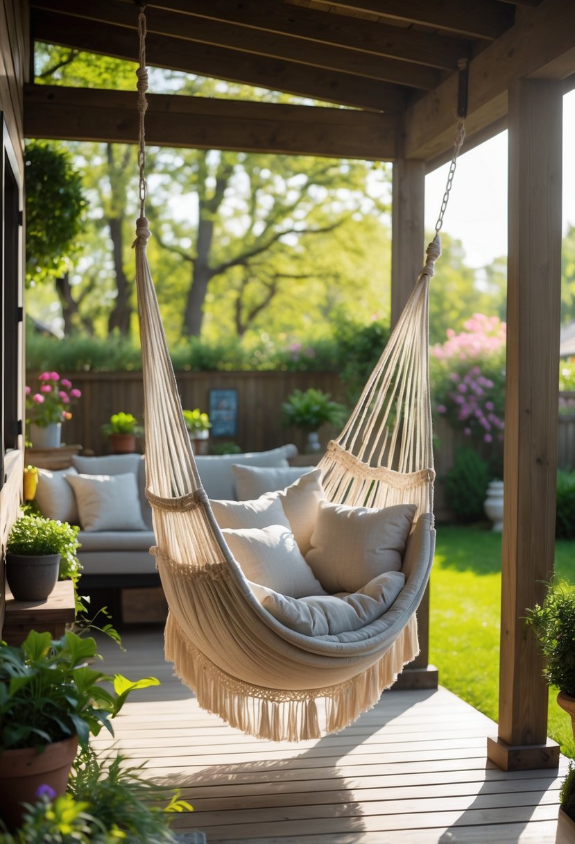 A hammock swing hanging from a porch ceiling in a backyard with plants and greenery.