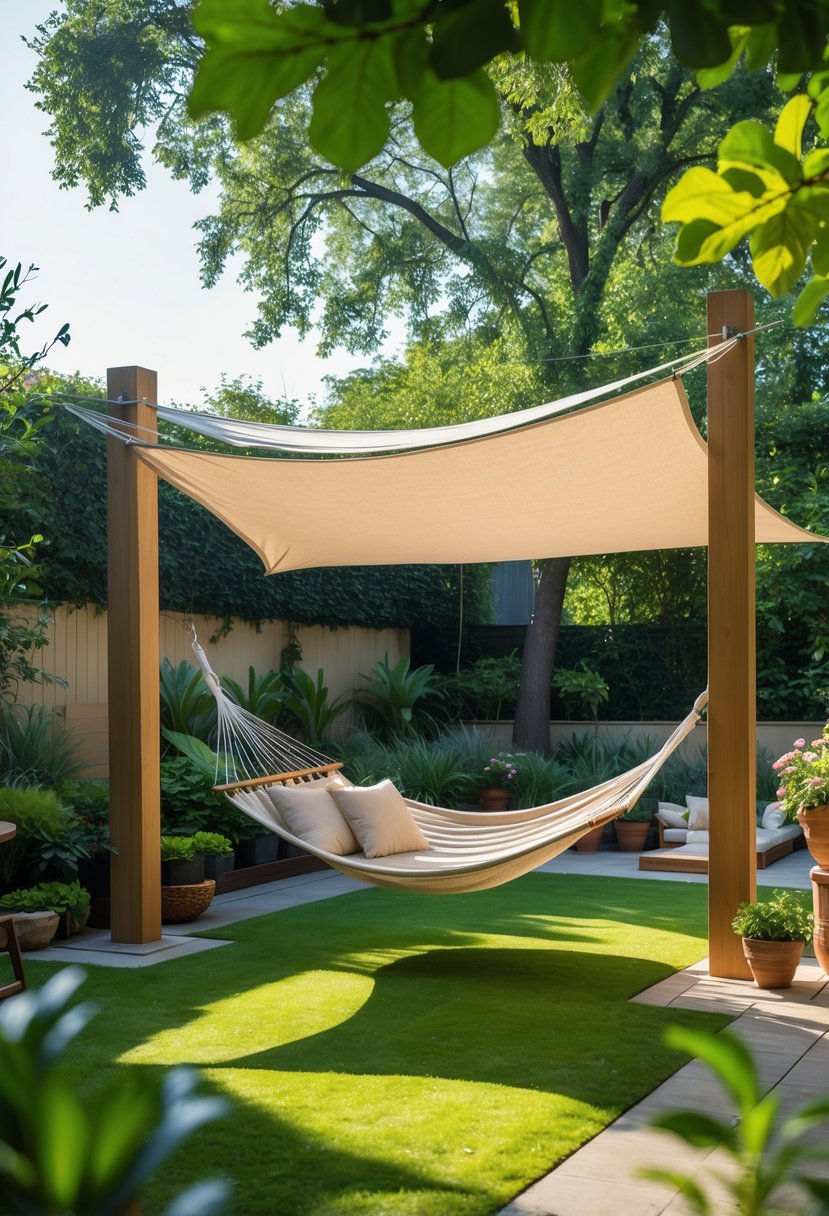 A canopy hammock shaded by a fabric cover set up in a green backyard with plants and sunlight filtering through trees.