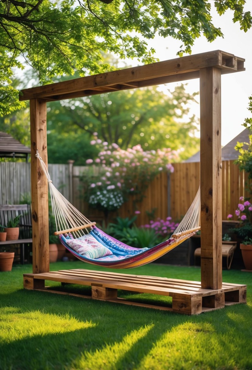 A wooden pallet hammock stand holding a colorful hammock in a green backyard with trees and flowers.