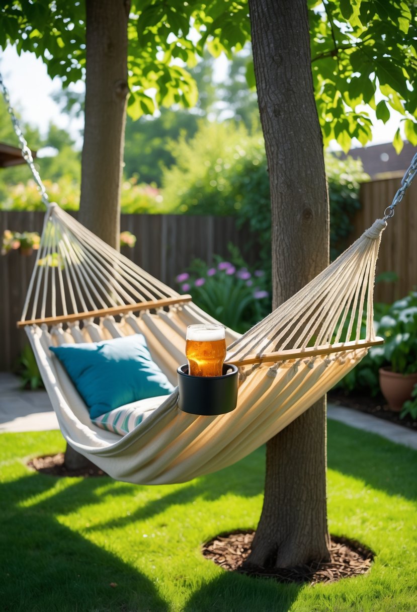 A hammock with a built-in cup holder hanging between two trees in a green backyard with sunlight and plants.