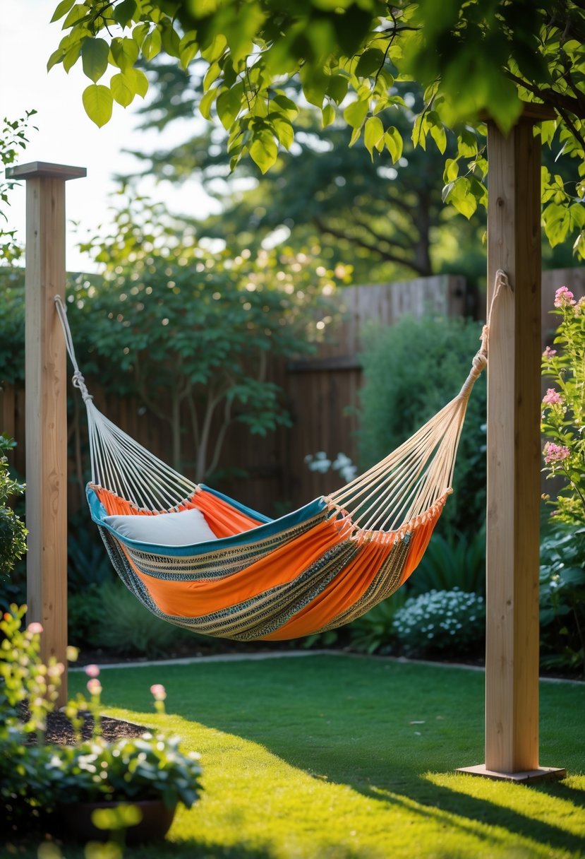 A colorful fabric hammock hanging between two posts in a green backyard garden with plants and grass.