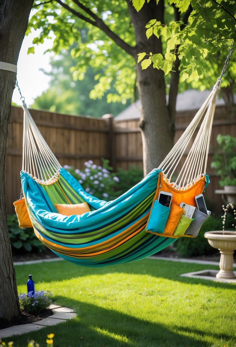 A hammock with storage pockets hanging between two trees in a backyard surrounded by grass and plants.