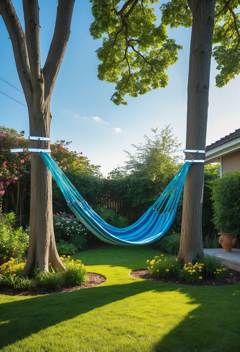 A hammock with adjustable straps hanging between two uneven trees in a backyard surrounded by grass and flowers.