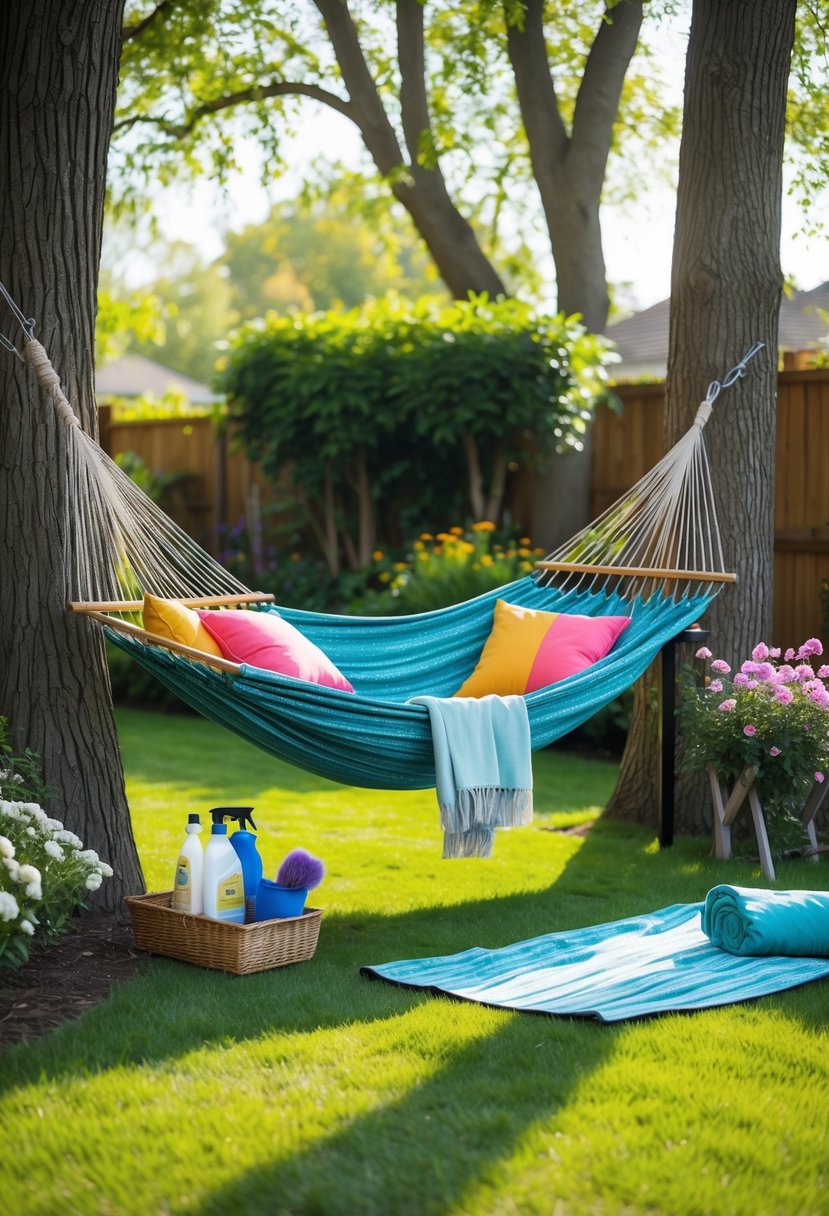 A backyard with a clean hammock hanging between two trees, surrounded by gardening tools and cleaning supplies on a sunny day.