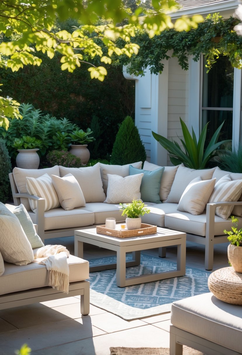 An outdoor patio with plush cushions on weather-resistant fabric seating surrounded by plants and natural sunlight.