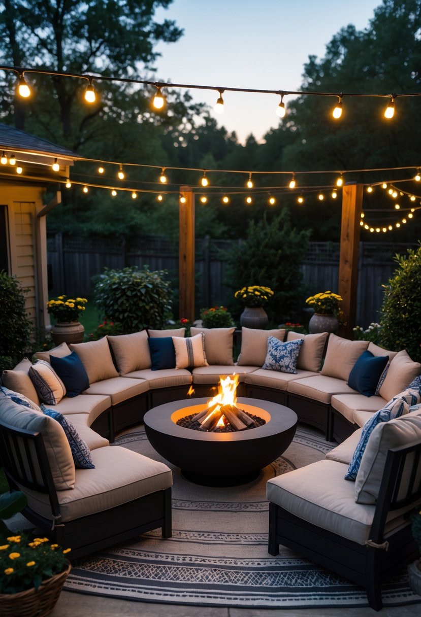 Outdoor patio with a fire pit surrounded by seating for twelve people, decorated with plants and warm lighting.