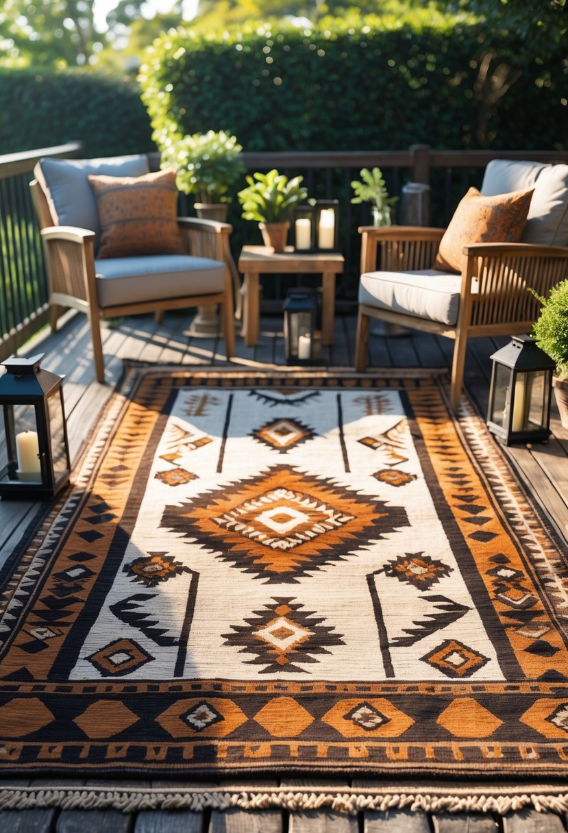 Outdoor patio with a geometric patterned rug, cushioned chairs, a coffee table, and plants arranged on a wooden deck.