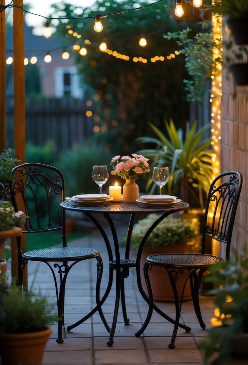 A small bistro patio set with a round table and two chairs on an outdoor patio surrounded by plants and soft lighting, arranged for an intimate dining experience.