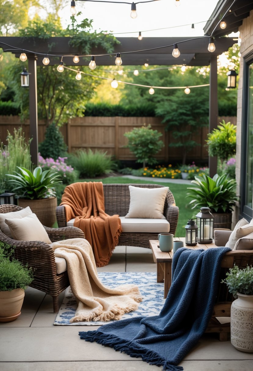 Outdoor patio with comfortable seating featuring several cozy throw blankets draped over chairs and a bench, surrounded by plants and soft lighting.