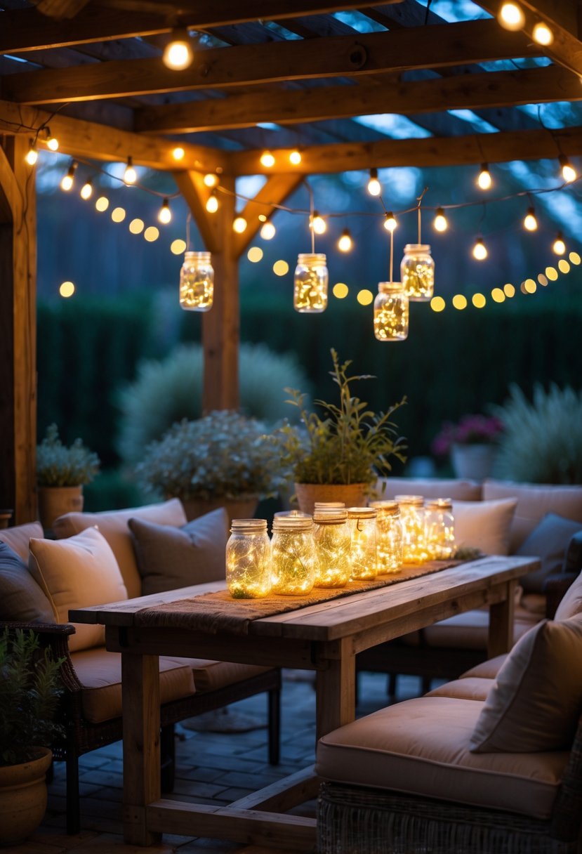 A cozy patio at dusk with mason jars filled with fairy lights, comfortable seating, plants, and warm ambient lighting.