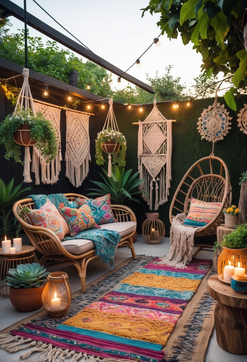 15 Boho Patio Ideas That Redefine Outdoor Comfort and Style 2 An outdoor patio decorated with various plants, furniture, cushions, rugs, and hanging lights creating a cozy and inviting space.