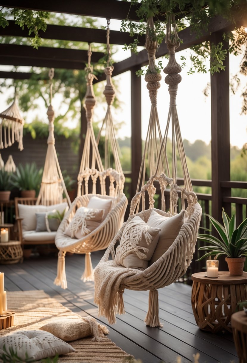 15 Boho Patio Ideas That Redefine Outdoor Comfort and Style 5 Outdoor patio with hanging macramé swings surrounded by plants and wooden furniture.