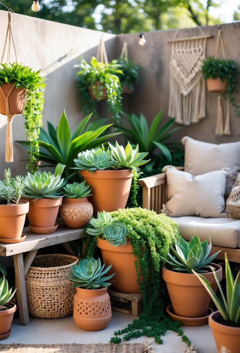 15 Boho Patio Ideas That Redefine Outdoor Comfort and Style 10 An outdoor patio with various potted green plants and succulents arranged among wooden furniture and woven baskets.