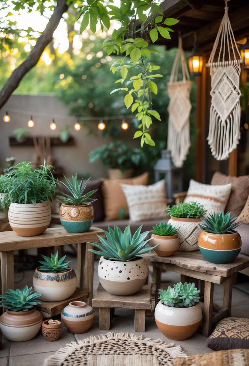 15 Boho Patio Ideas That Redefine Outdoor Comfort and Style 17 A patio with various handcrafted ceramic planters holding green plants and succulents arranged on shelves and tables surrounded by outdoor decor.