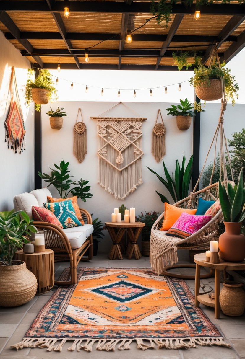 15 Boho Patio Ideas That Redefine Outdoor Comfort and Style 19 An outdoor patio decorated with wicker furniture, colorful cushions, hanging plants, string lights, and various decorative items creating a cozy and inviting atmosphere.