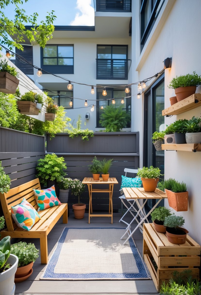 13 Small Apartment Patio Ideas On a Budget for Stylish and Functional Outdoor Spaces 2 A small apartment patio with cozy seating, potted plants, string lights, and DIY decorations creating a welcoming outdoor space.