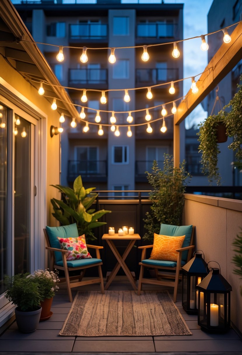 13 Small Apartment Patio Ideas On a Budget for Stylish and Functional Outdoor Spaces 3 Small apartment patio with string lights, plants, and a table with chairs creating a warm and inviting outdoor space.