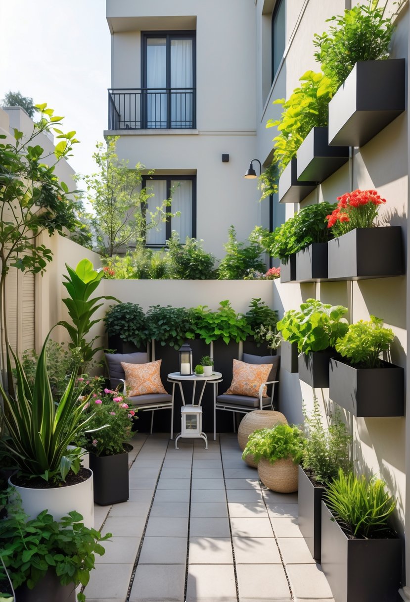13 Small Apartment Patio Ideas On a Budget for Stylish and Functional Outdoor Spaces 5 A small apartment patio with vertical planters full of green plants and flowers mounted on the wall, outdoor furniture, and sunlight.